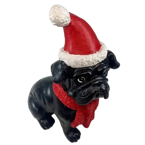 Black Pug Dog Statue Santa Hat Scarf Christmas Hand Painted Figurine 14” Tall - Picture 3 of 9